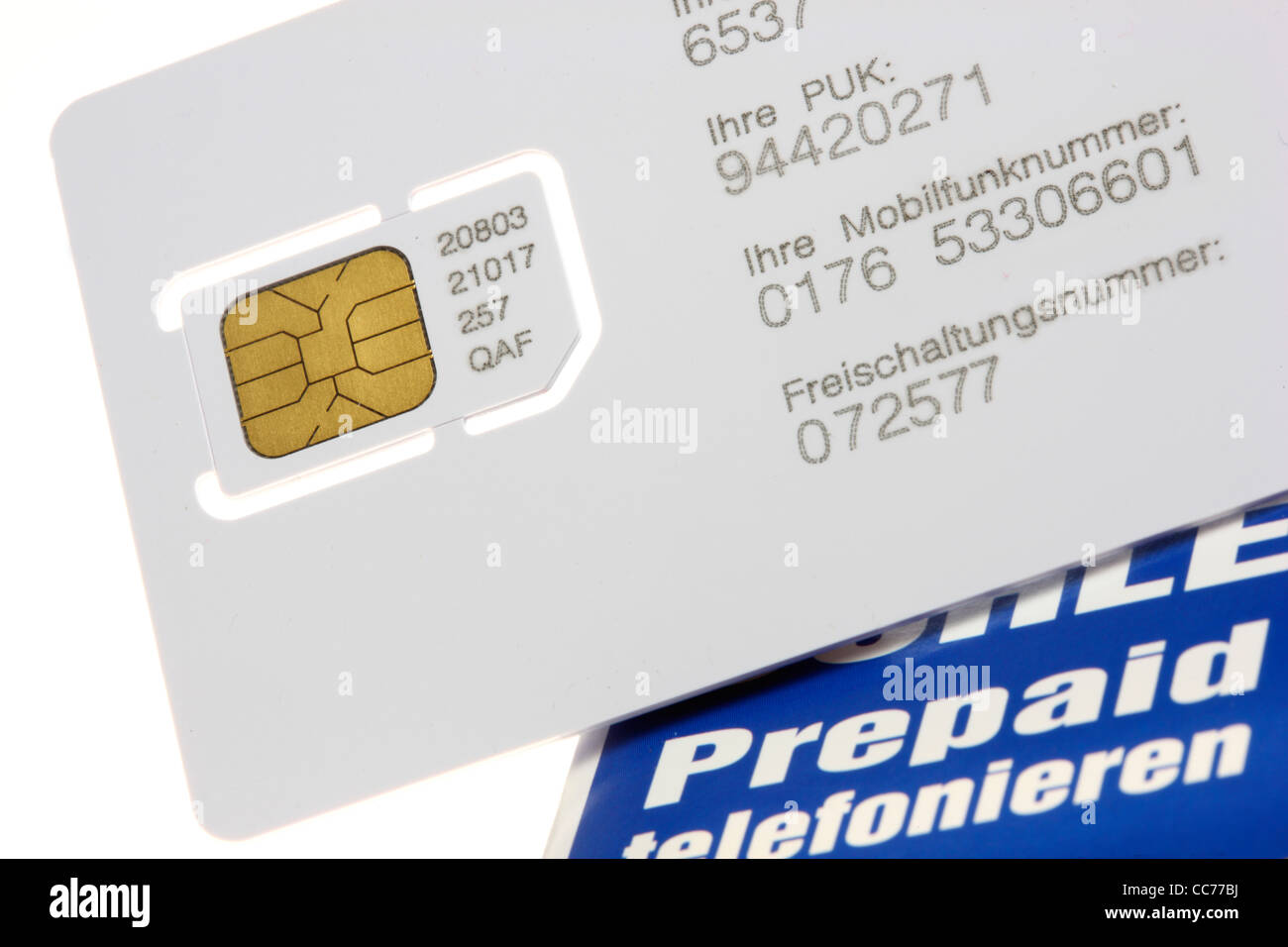 Carte prépayée CARTE SIM pour un téléphone mobile. Banque D'Images