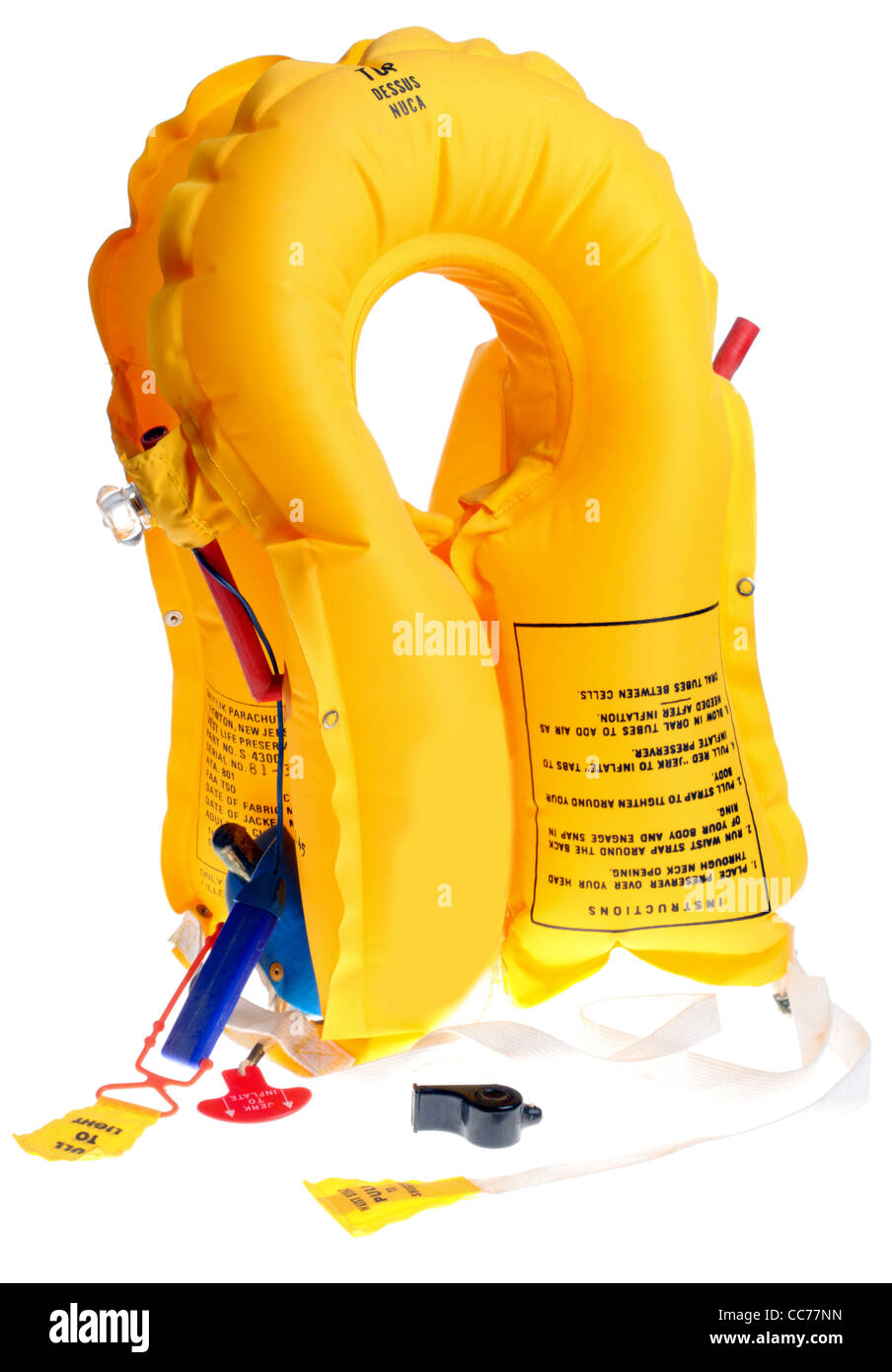 Gilet jaune, pour une utilisation dans les avions, comme l'équipement d'urgence. Bateau pneumatique. Banque D'Images Gilet jaune, pour une utilisation dans les avions, comme l'équipement d'urgence. Bateau pneumatique. Banque D'Images