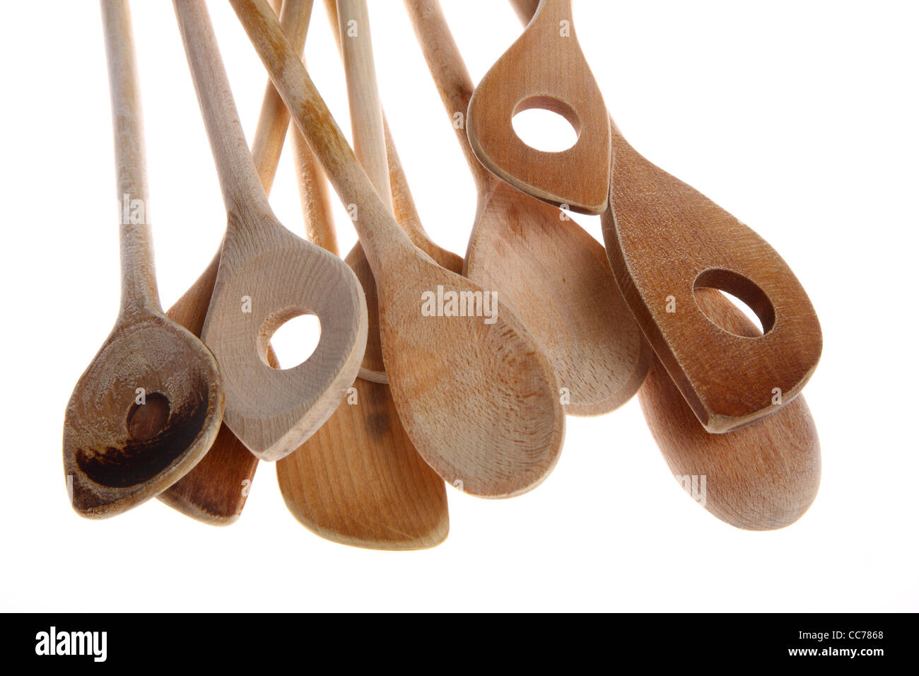 Divers types de cuisine cuillères, cuillères en bois. Les appareils de cuisine. Banque D'Images