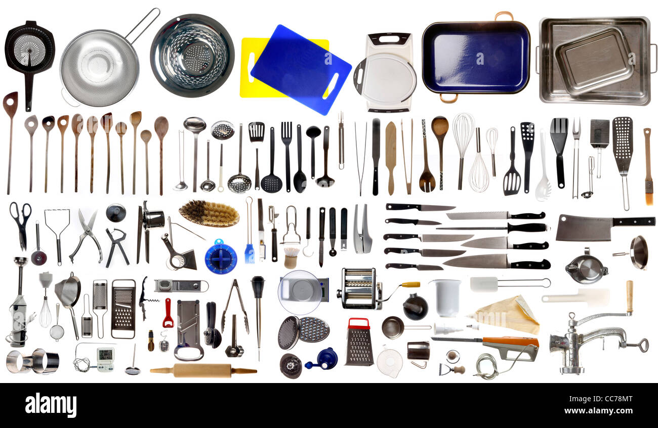 Compilation de divers ustensiles de cuisine, articles de cuisine. Banque D'Images