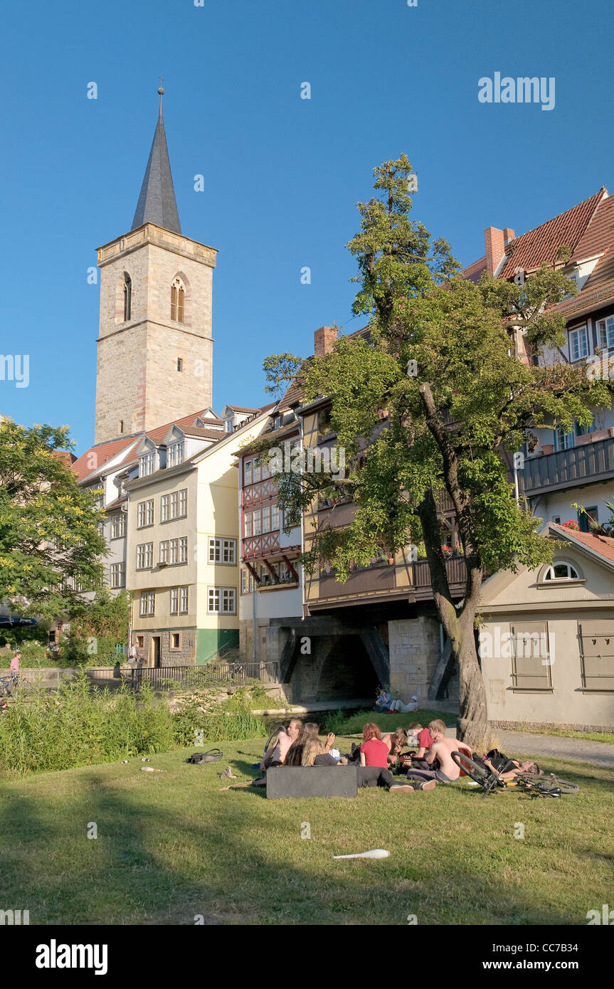 Pont du marchand, Kraemerbruecke et Église de Saint Aegidius, Erfurt, Thuringe, Allemagne, Europe Banque D'Images