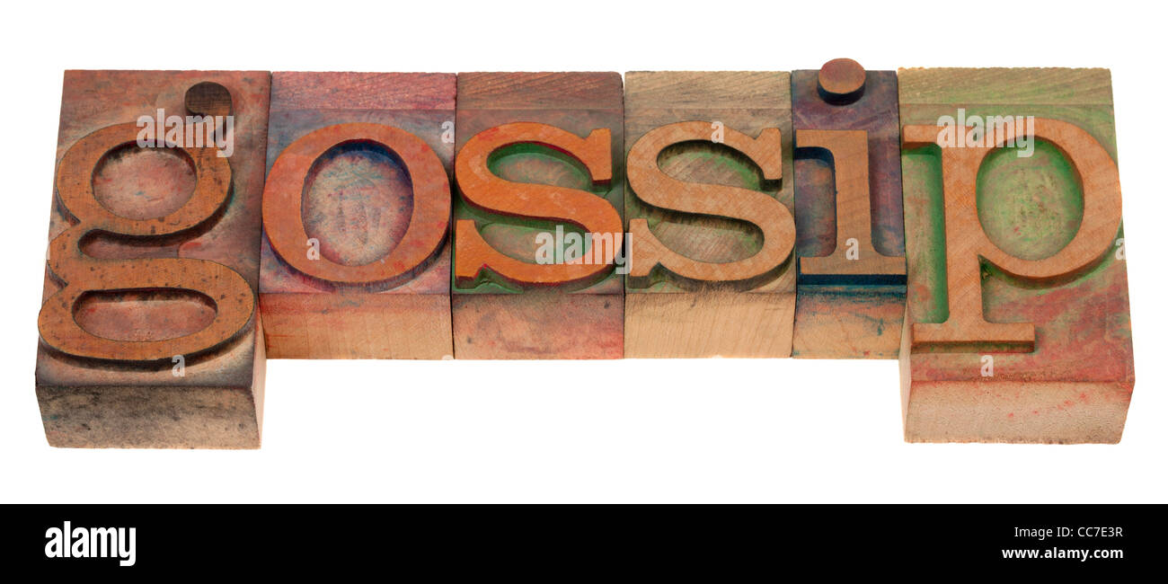 Gossip - mot orthographié dans la typographie vintage blocs en bois Banque D'Images