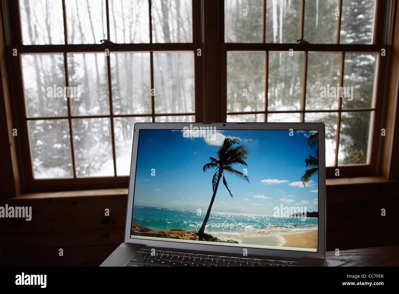 Scène tropical sur l'écran du portable en hiver Banque D'Images