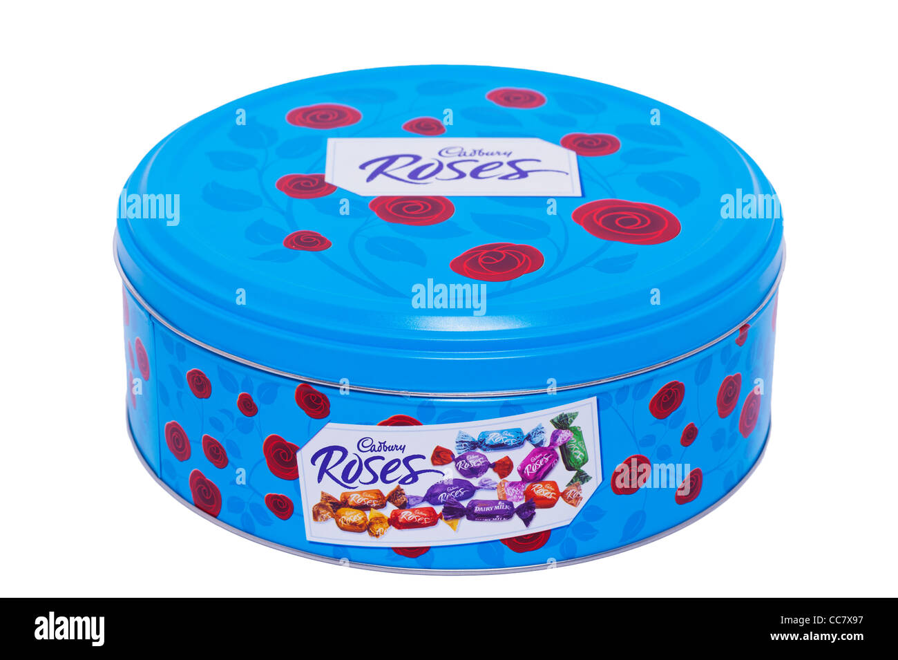 Une boîte de chocolats assortis Cadbury roses sur fond blanc Banque D'Images