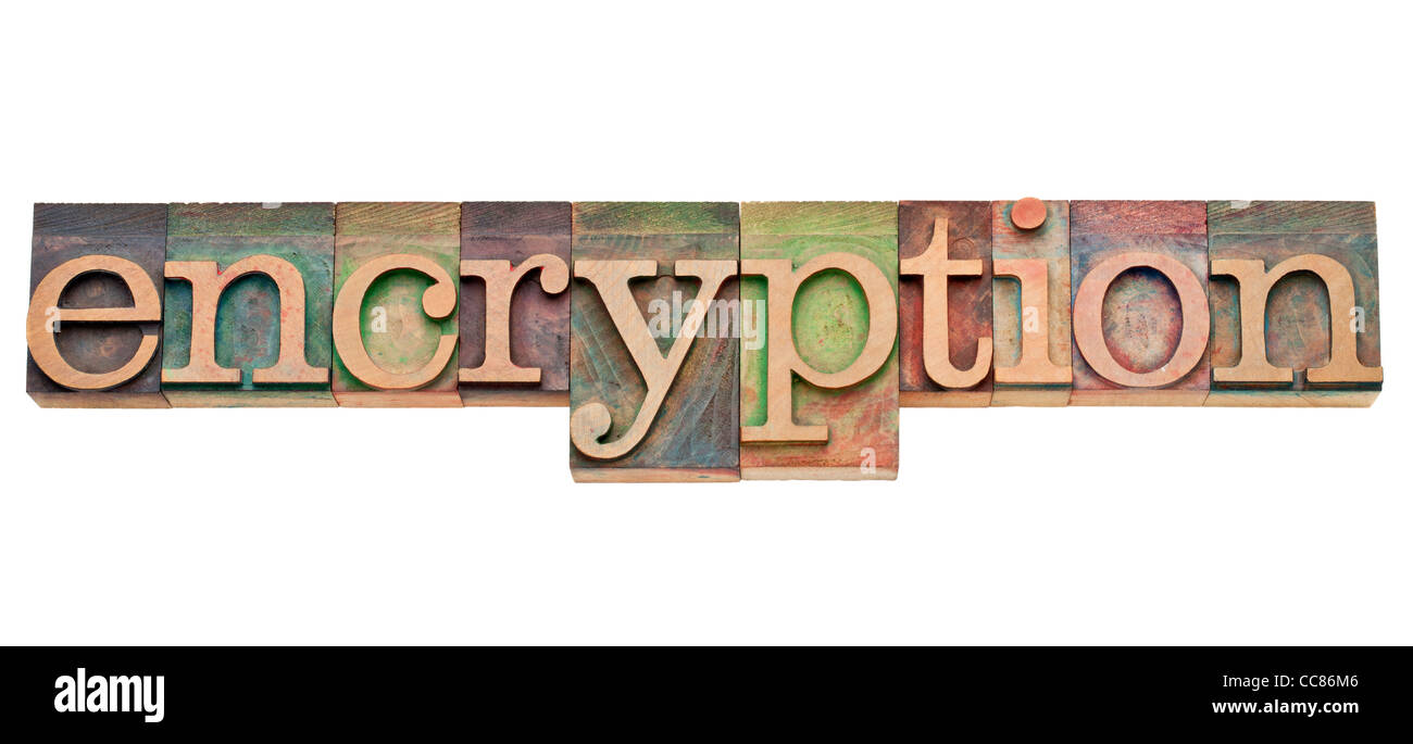 - Cryptage de sécurité de réseau informatique concept - texte isolé en bois blocs typographie vintage Banque D'Images