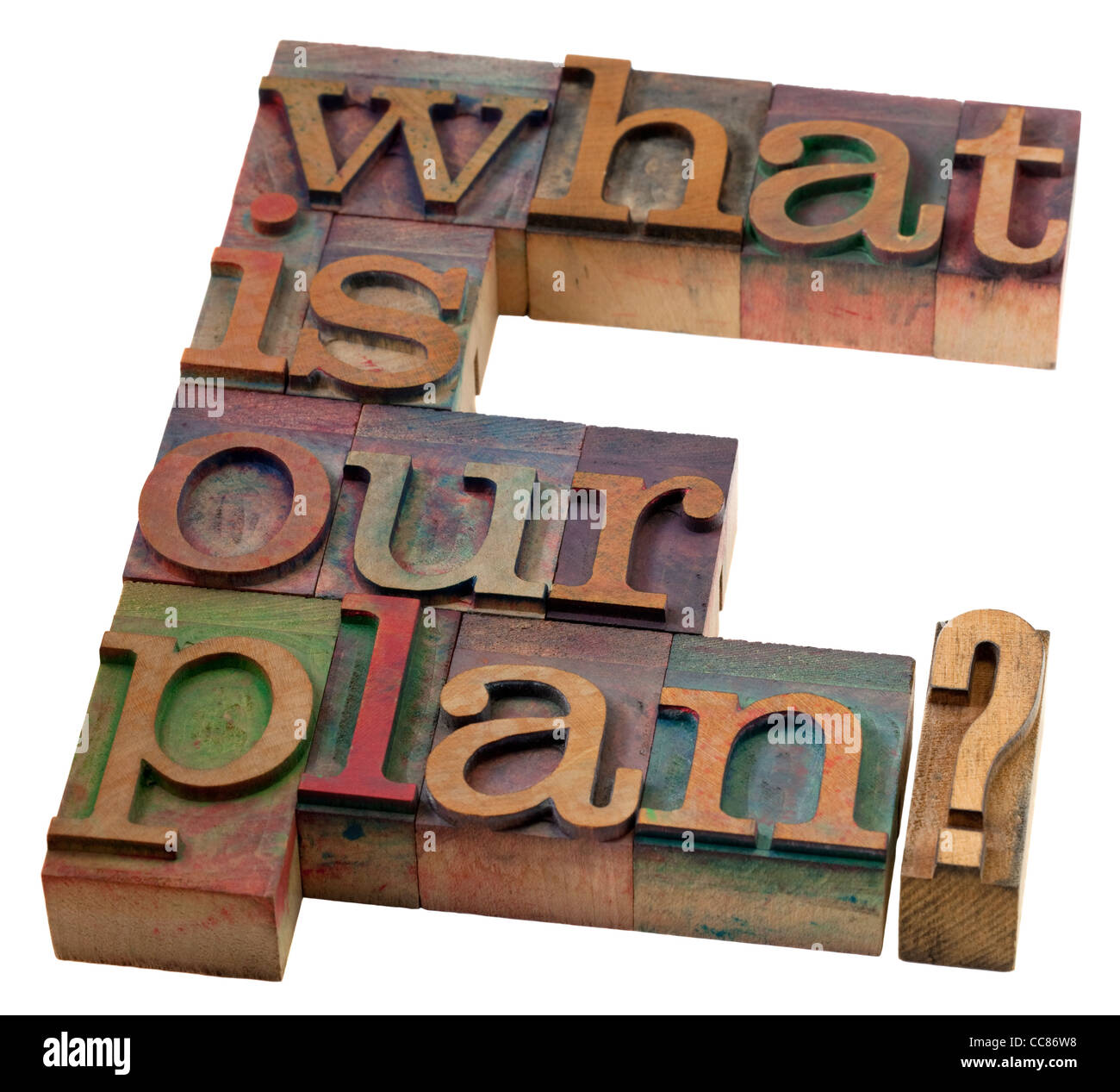 Concept de planification - quel est notre plan en question typographie vintage wooden blocks, tachés par les encres couleur Banque D'Images