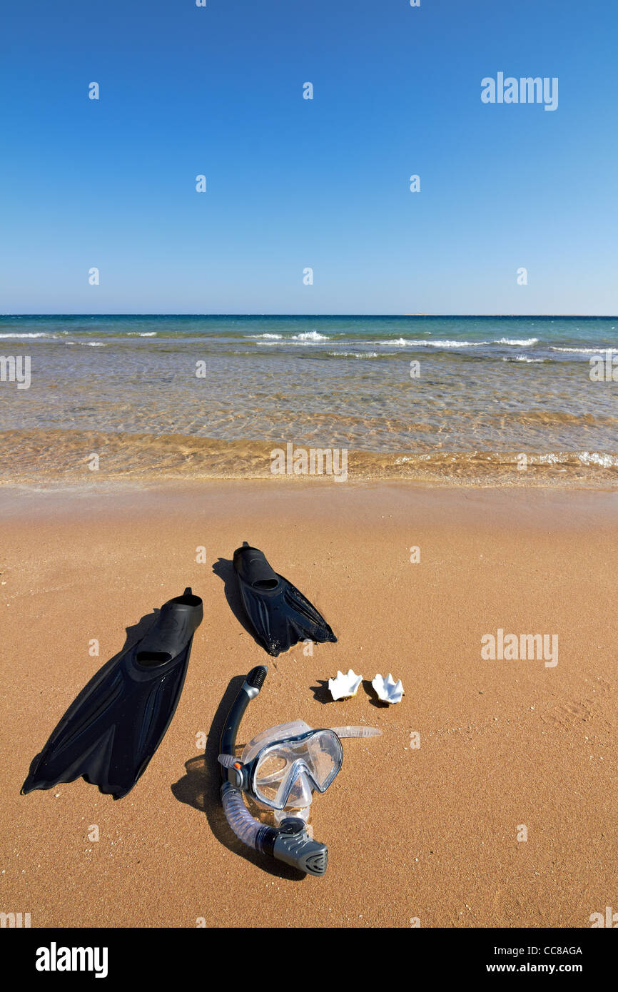 Palmes, masque et tuba allongé sur une plage de sable Banque D'Images