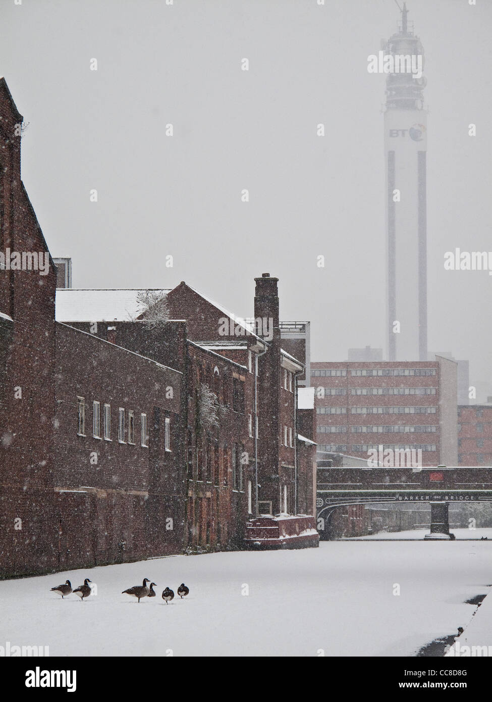 Birmingham congelé canal avec BT Postes tour en arrière-plan Banque D'Images
