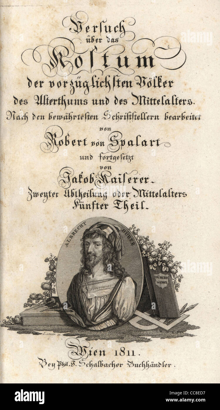 Page de titre avec vignette calligraphique portrait d'Albrecht durer. Banque D'Images