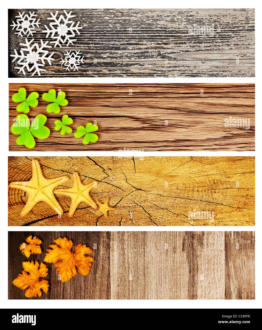 La saison quatre bannières en bois, collage d'origines naturelles abstrait avec symboles de saison, concept du cycle de vie Banque D'Images