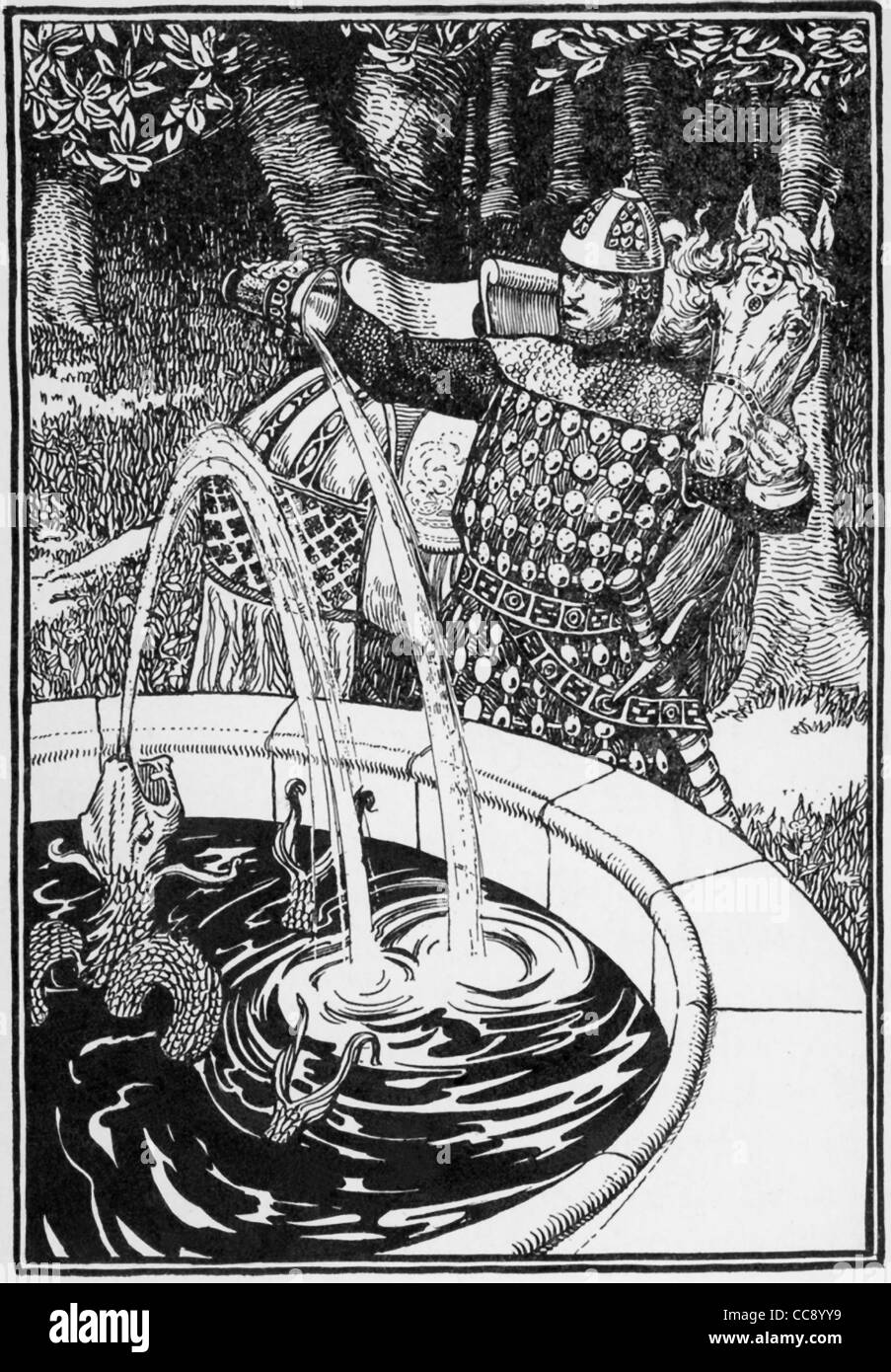 Sir Ivaine, un brave, généreux et joyeux, Chevalier de la Table ronde, verse de l'eau dans une fontaine, qui réunit Black Knight. Banque D'Images