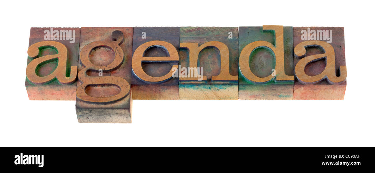 L'ordre du mot dans les blocs en bois vintage type typogravure, tachée par l'encre de couleur, isolated on white Banque D'Images