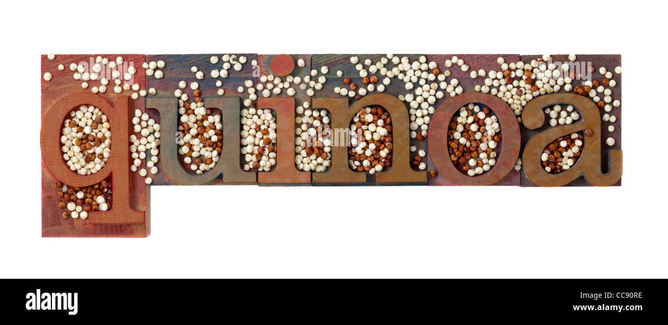 Mot de quinoa dans la typographie vintage combiné avec blocs de grain blanc et rouge, isolated on white Banque D'Images