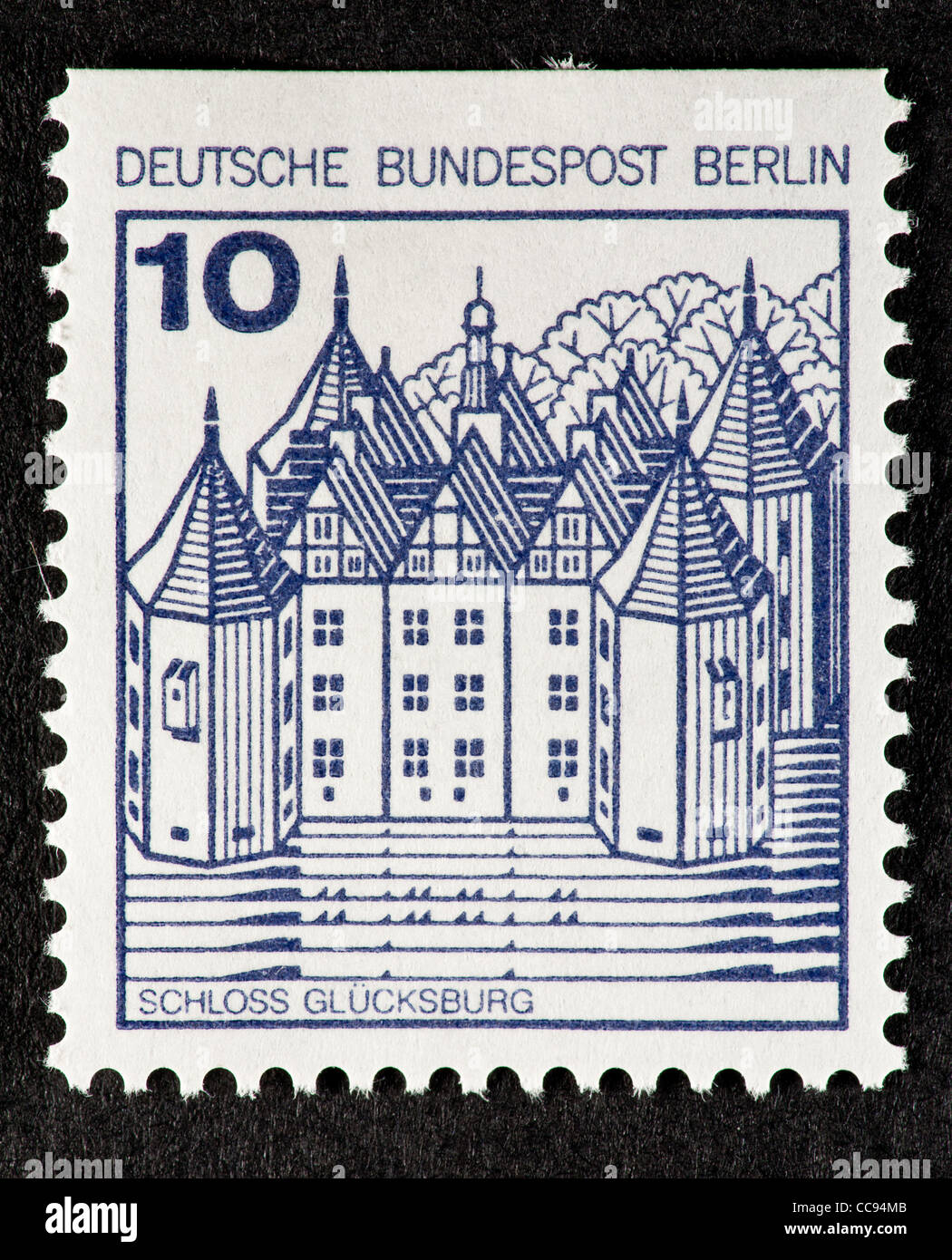 Timbre-poste de Berlin (Allemagne de l'Ouest) représentant le château Glucksburg. Banque D'Images