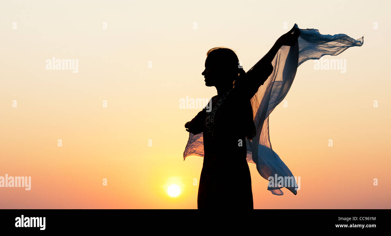 Indian girl with voile dans le vent d'ossature Banque D'Images