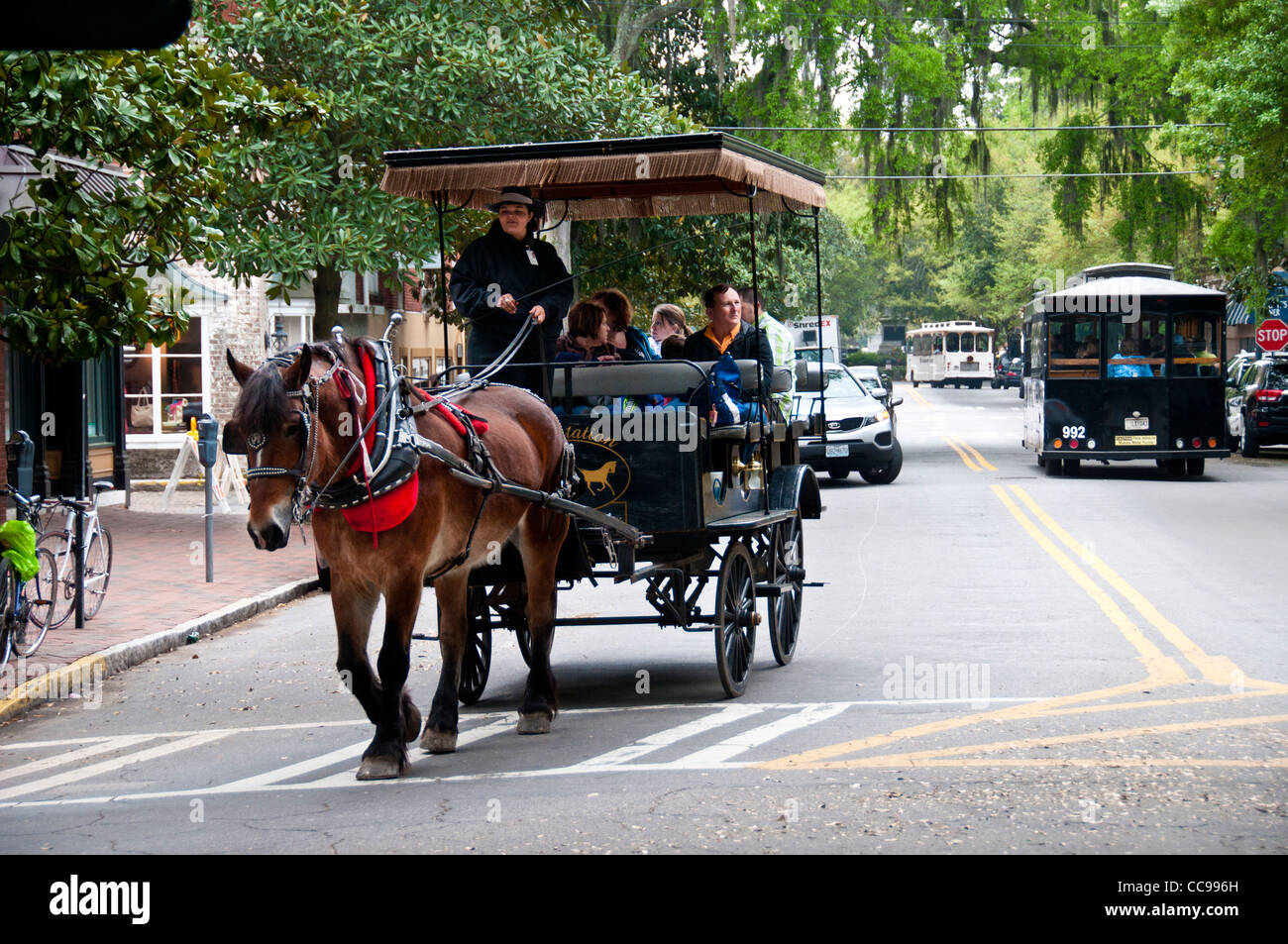 Les touristes étant indiqué dans le quartier historique de Savannah Georgia USA à partir d'une voiture à cheval Banque D'Images