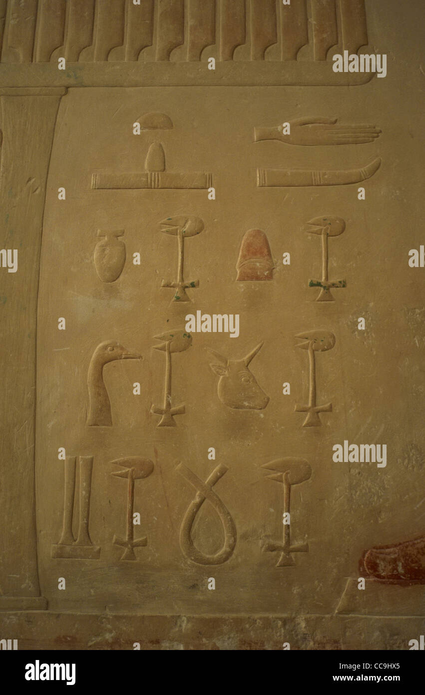 Mastaba de Ptahhotep et Akhethotep. 5ème dynastie. Vieux Royaume. Vizirs égyptiens. Père et fils. D'hiéroglyphes. Saqqara. L'Égypte. Banque D'Images