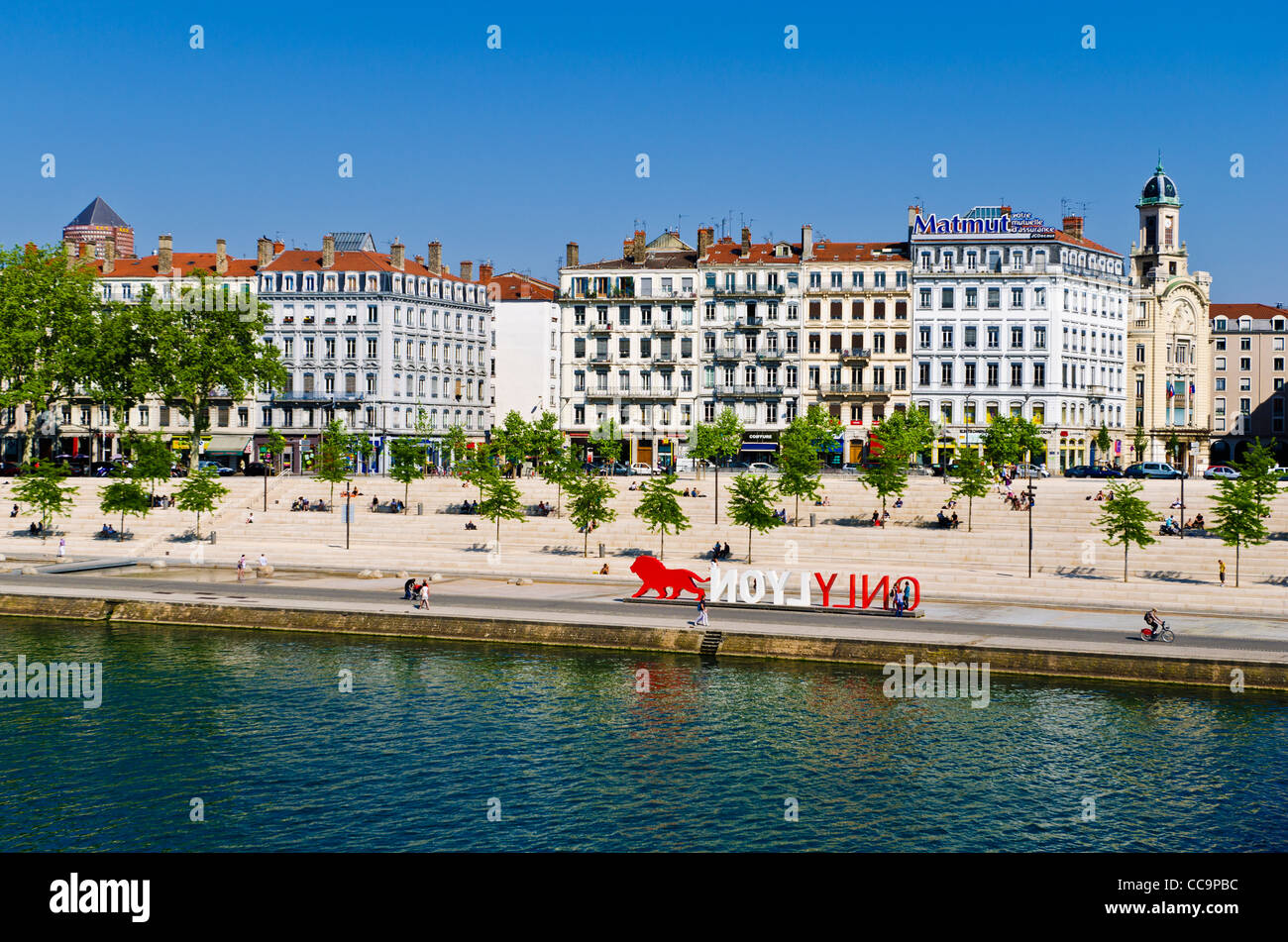 Only Lyon signer le long du Rhône, Lyon, France (Site du patrimoine mondial de l'UNESCO) Banque D'Images