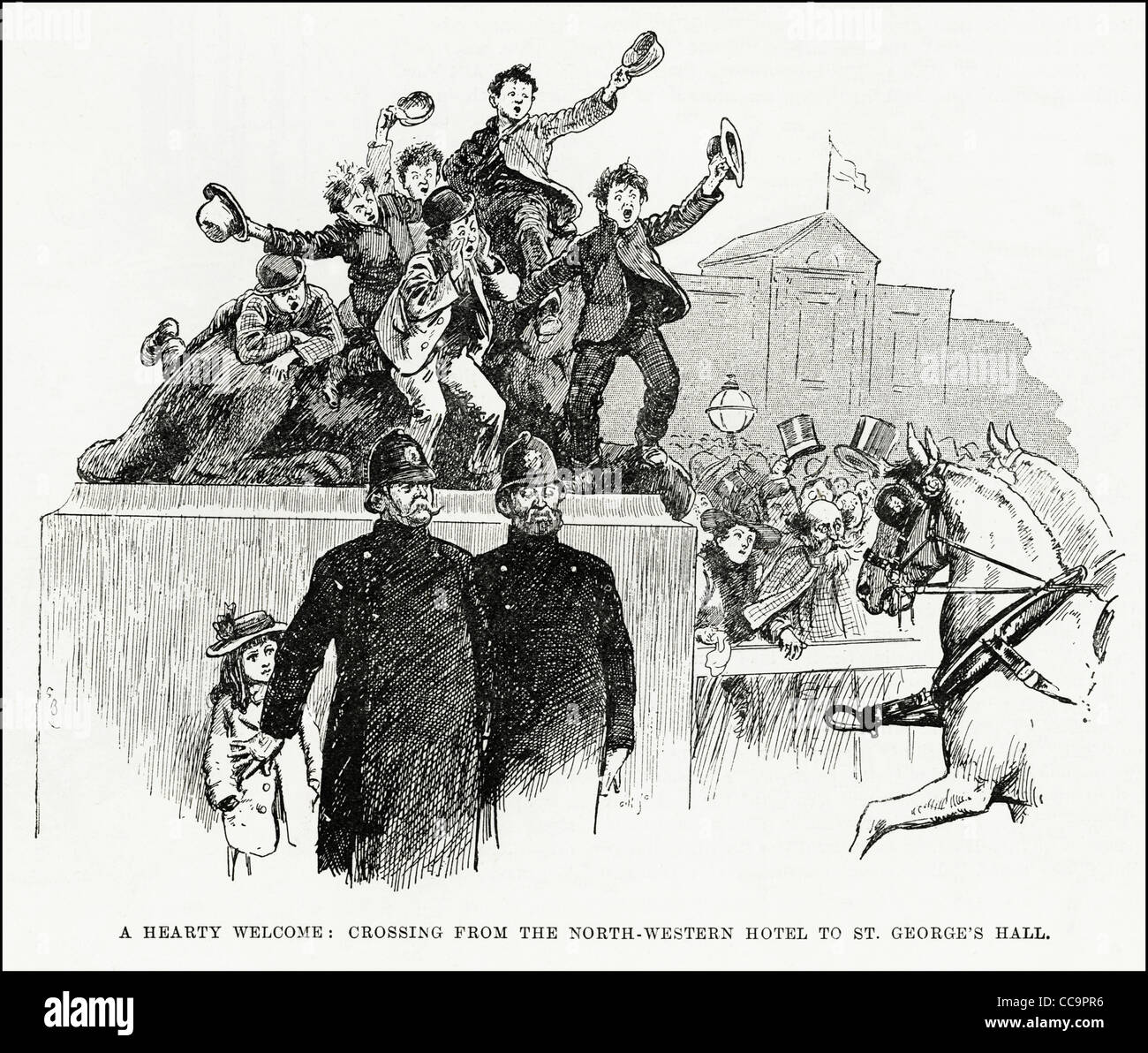 La gravure de l'époque victorienne foule acclamer le premier ministre libéral William Ewart Gladstone visite à Liverpool en 1892 avec les agents de police la protection de la jeune fille. Banque D'Images