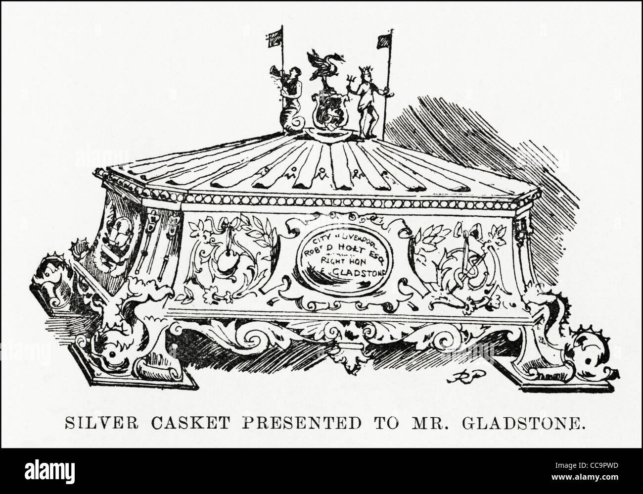 La gravure de l'époque victorienne du premier ministre libéral William Ewart Gladstone visite à Liverpool en 1892 coffret d'argent présent cadeau Banque D'Images