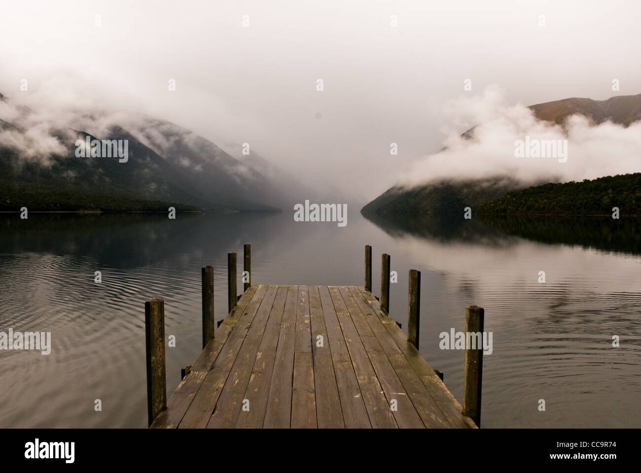 Embarcadère à fogy Lake dans le parc national des lacs Nelson, Nouvelle-Zélande Banque D'Images
