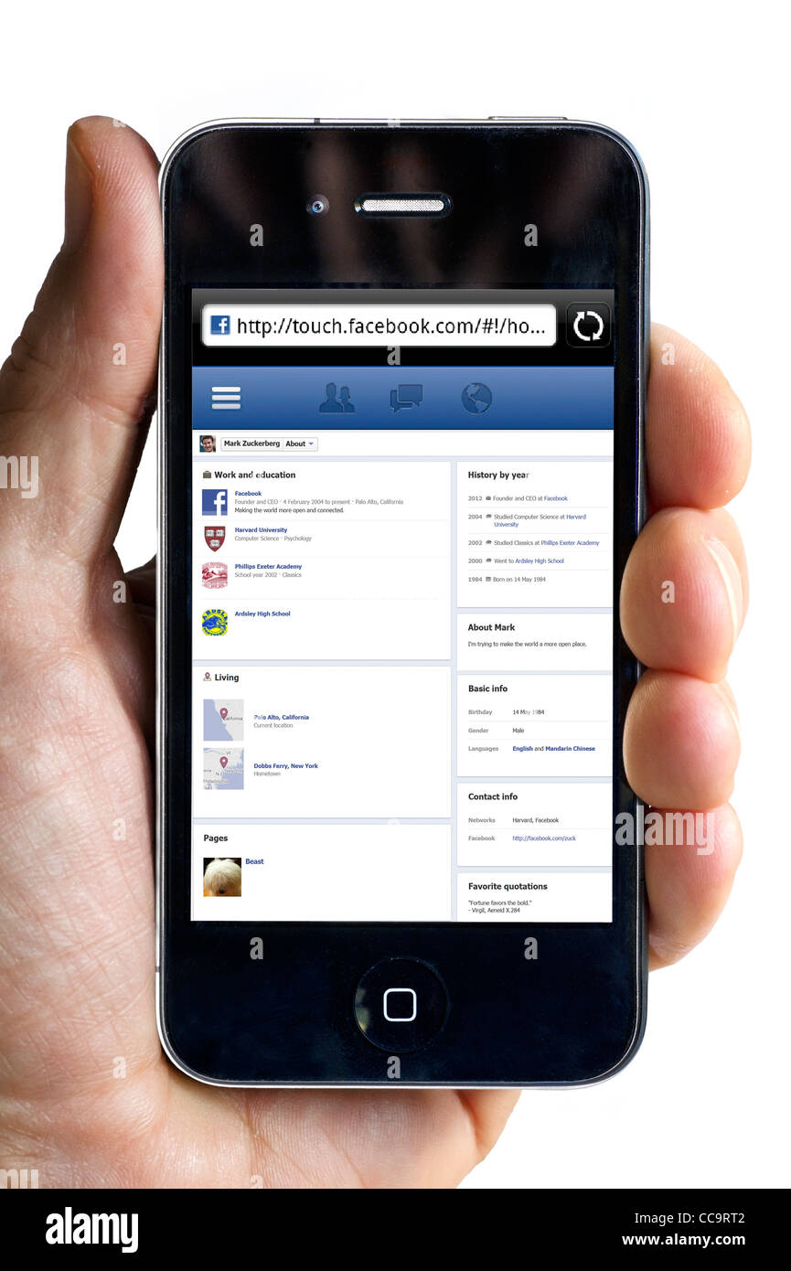 À la marque à l'Zuccurburg page d'accueil sur Facebook sur un iPhone d'Apple 4 Banque D'Images