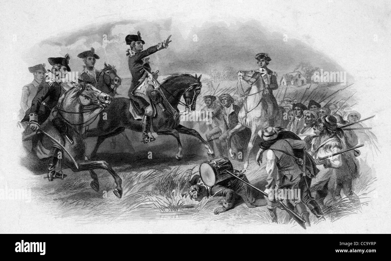 Washington à la bataille de Monmouth - George Washington à cheval, les troupes d'adressage, USA Guerre révolutionnaire Banque D'Images
