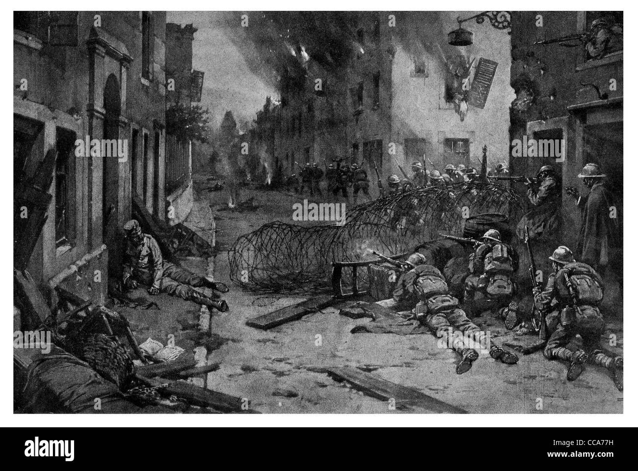 1916 combats de rue, maisons en feu italiens d'Asiago attaque autrichienne Vénétie Italie barbelés gun fire house terreur fenêtre fusil Banque D'Images