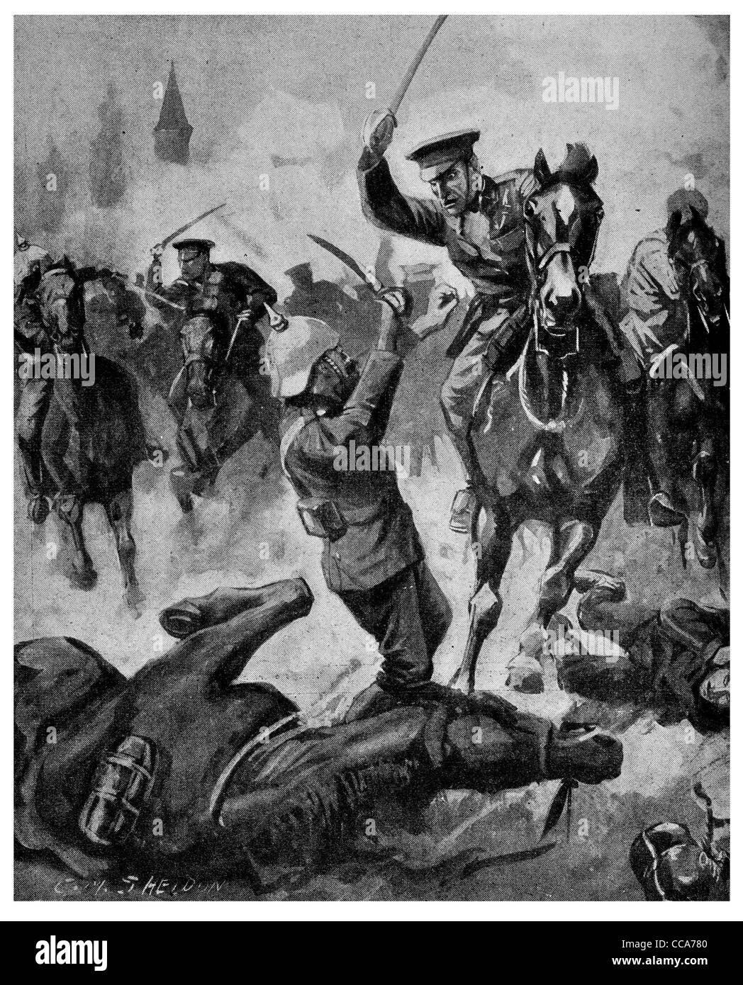 Charge de cavalerie britannique le 23 août 1914 l'épée sabre sabre allemand officier Hun chevaux ligne de charge close combat shock guard Banque D'Images