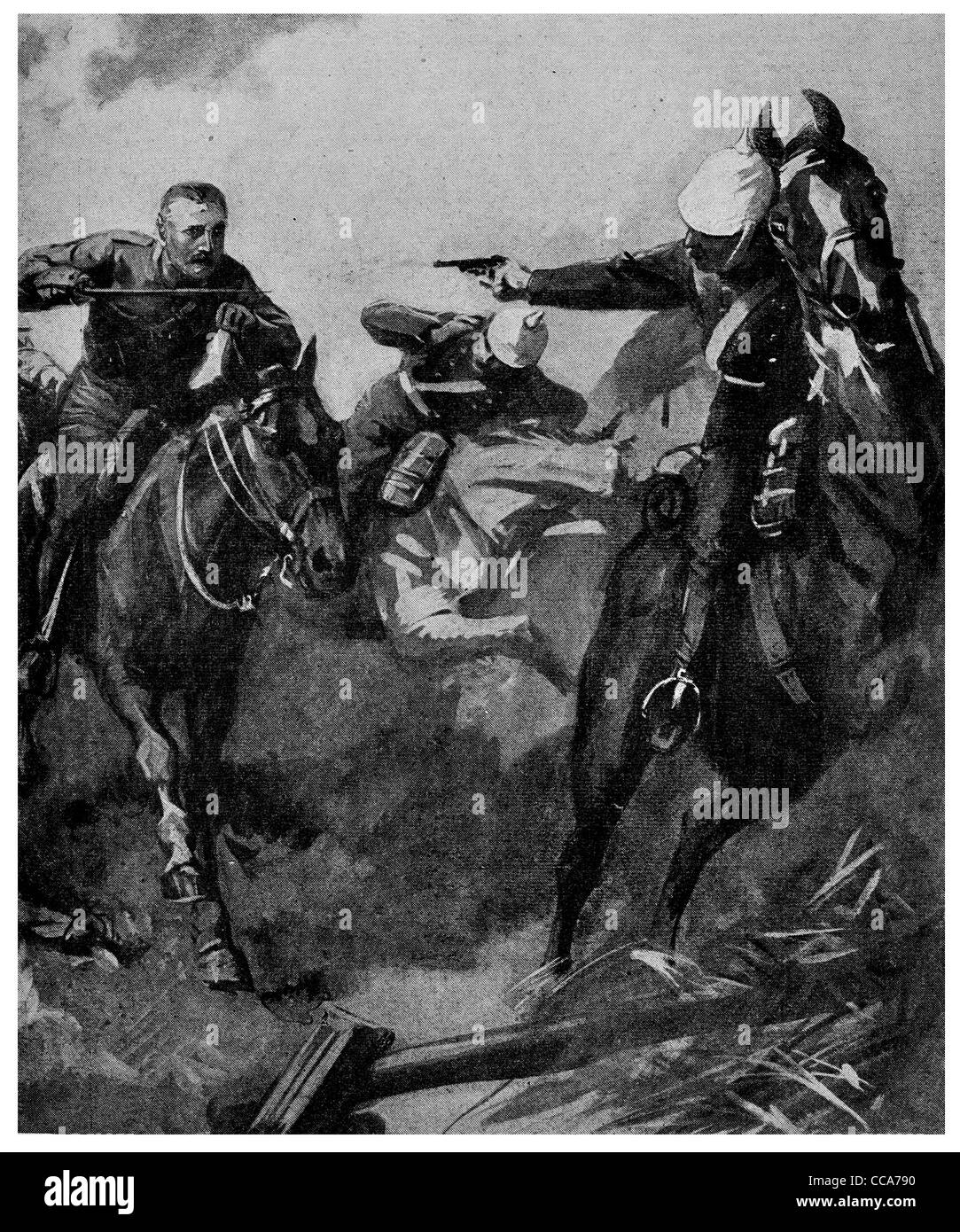 1914 cavalerie britannique contre les Uhlans allemand charge de cavalerie Uhlan chevaux cheval sabre lance pistolet champ de bataille Banque D'Images
