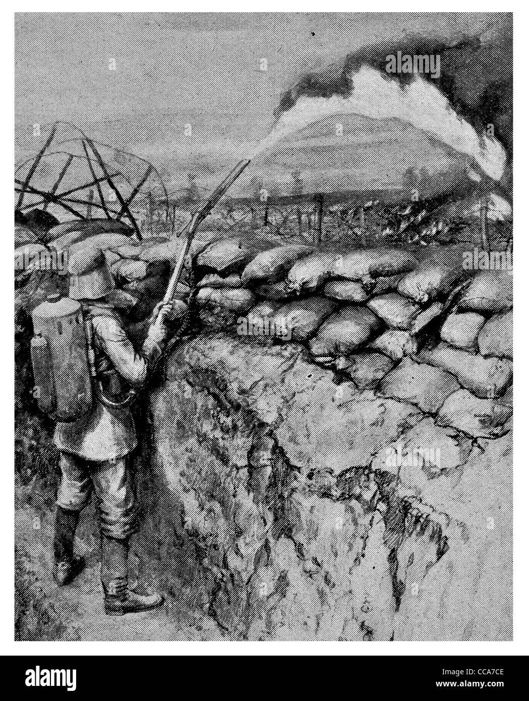 Lance-flammes allemand 1915 tranchées Hooge les troupes britanniques de pulvérisation le feu liquide du réservoir de gaz propane Flandre Belgique barbelés Banque D'Images