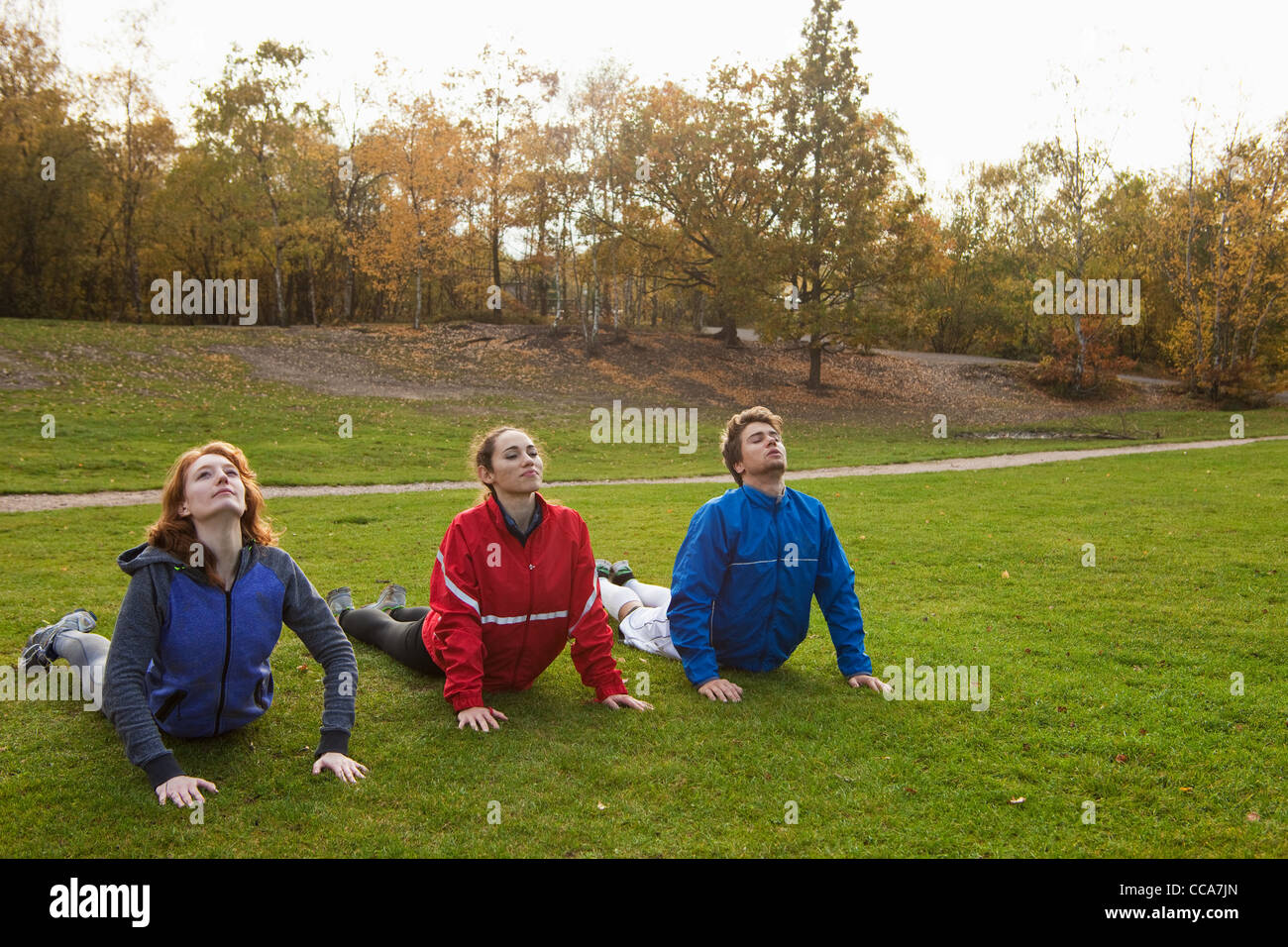 Trois jeunes amis qui s'étend sur l'herbe dans le parc Banque D'Images