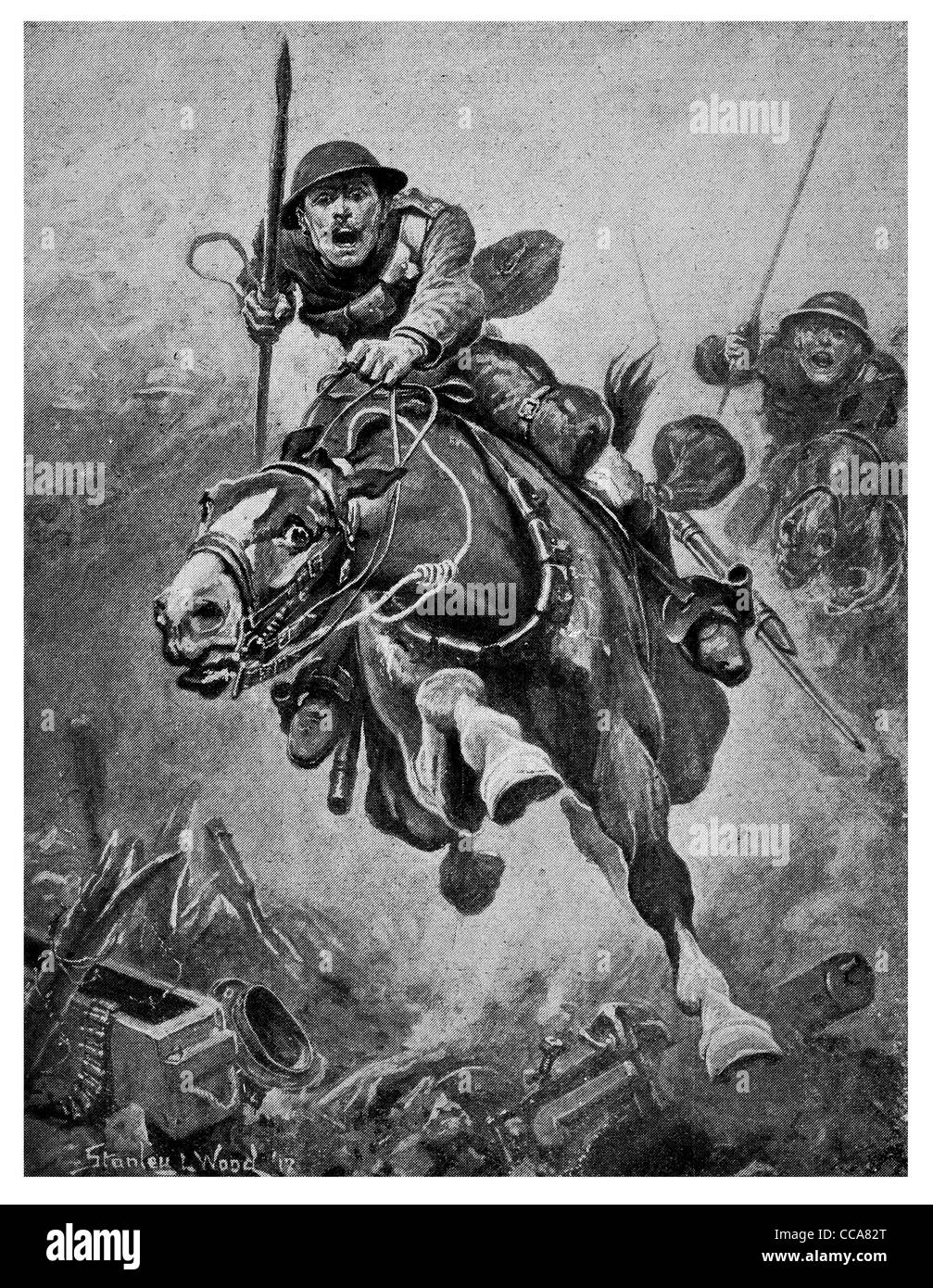 Charge de cavalerie britannique 1917 front de l'ouest lance le galop des chevaux de charge la bravoure brave la colère la peur de bataille non man's land tranchée Banque D'Images