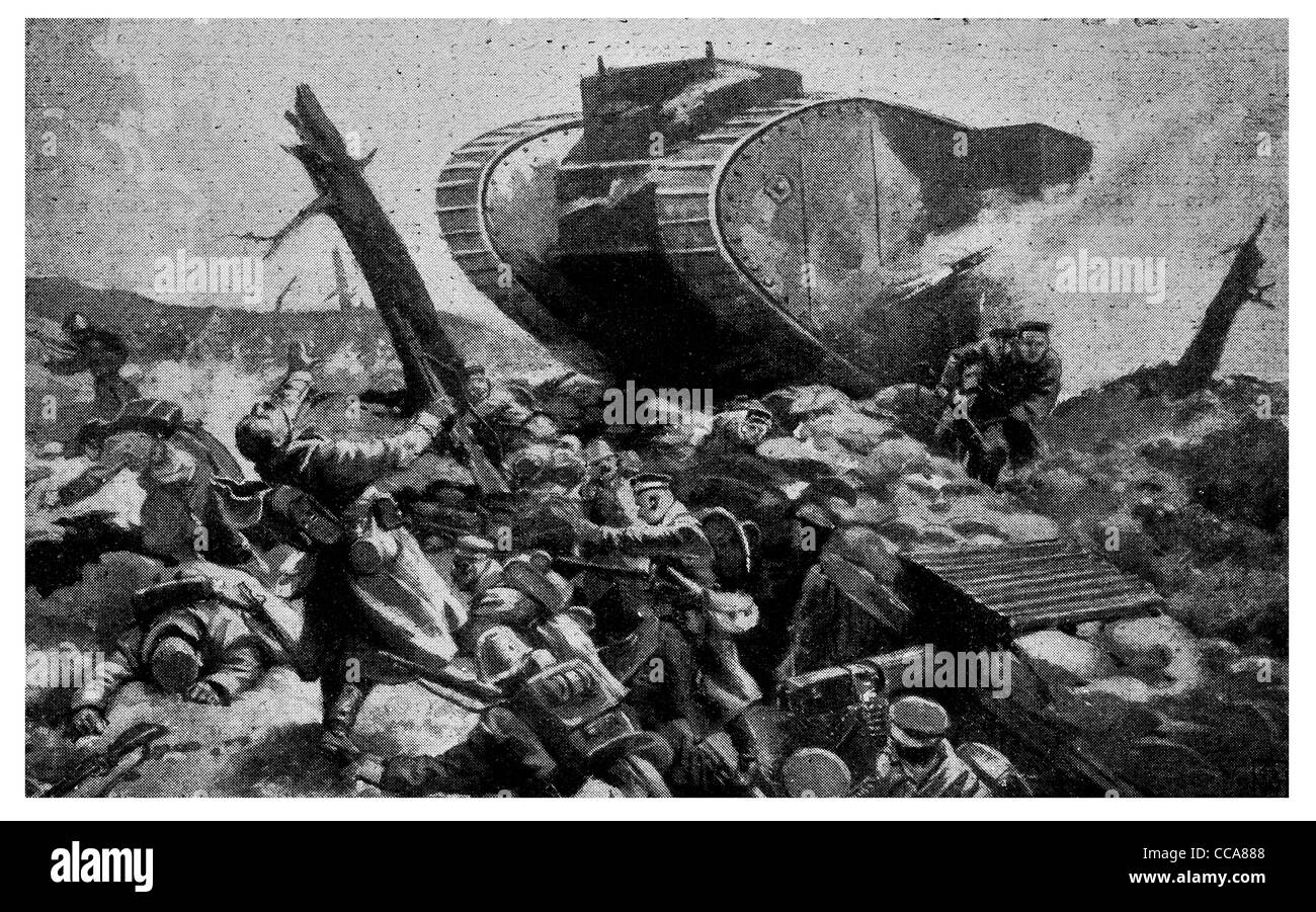 1917 régiment de chars britannique Wancourt Heninel combattu 40 heures German machine gun gunner infantry combat de tranchée voie Caterpillar Banque D'Images