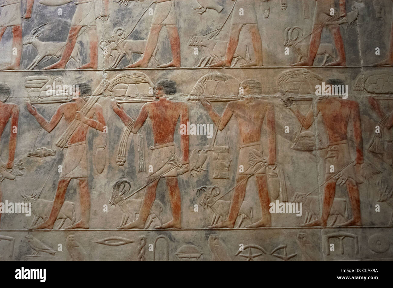 Mastaba de Kagemni (2350 BC). Hall de la Stèle fausse porte. Fonctionnaires portant offrandes au Ka du défunt. Saqqara. Banque D'Images