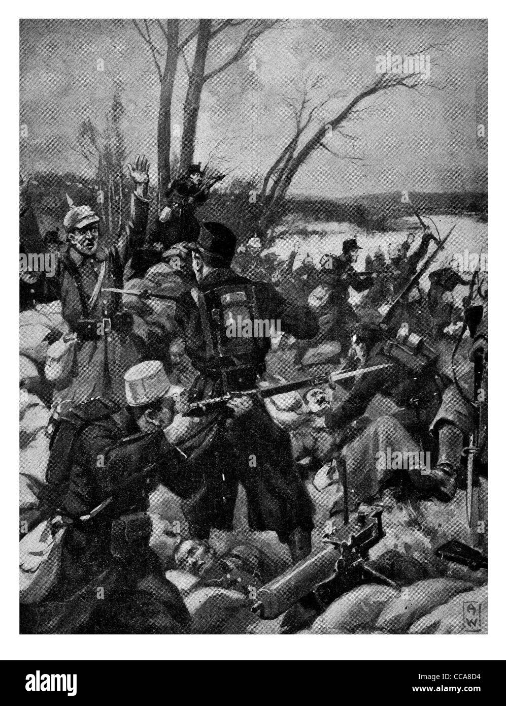1915 La banque allemande attaque belge Yser noyé Belgique baïonnette poignard tir shot corps morts brutales du corps machine gun Banque D'Images
