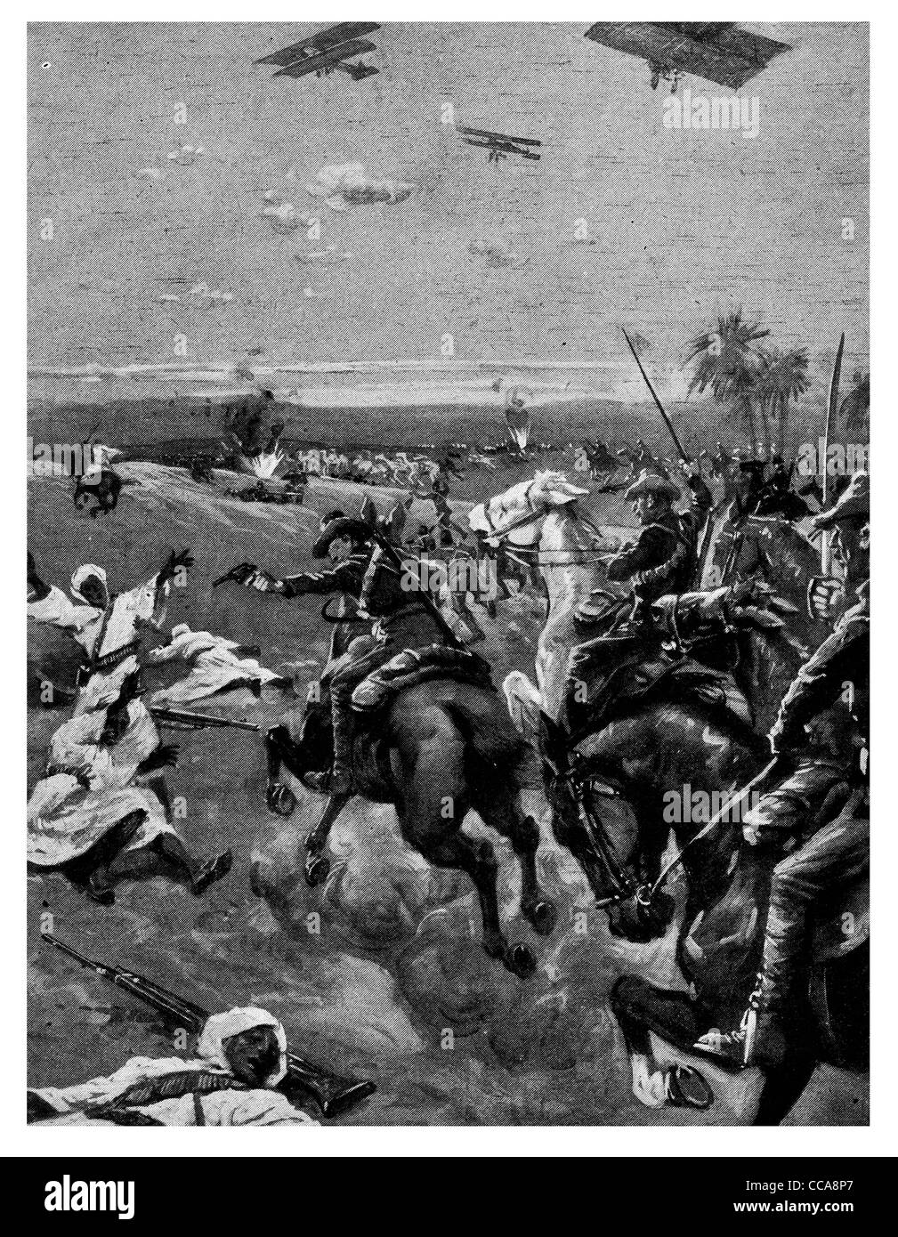 Anzac 1916 Nouvelle-Zélande troupes montées bombes épées ennemies scatter Égypte British airman lance épée sabre cheval égyptien du désert Banque D'Images