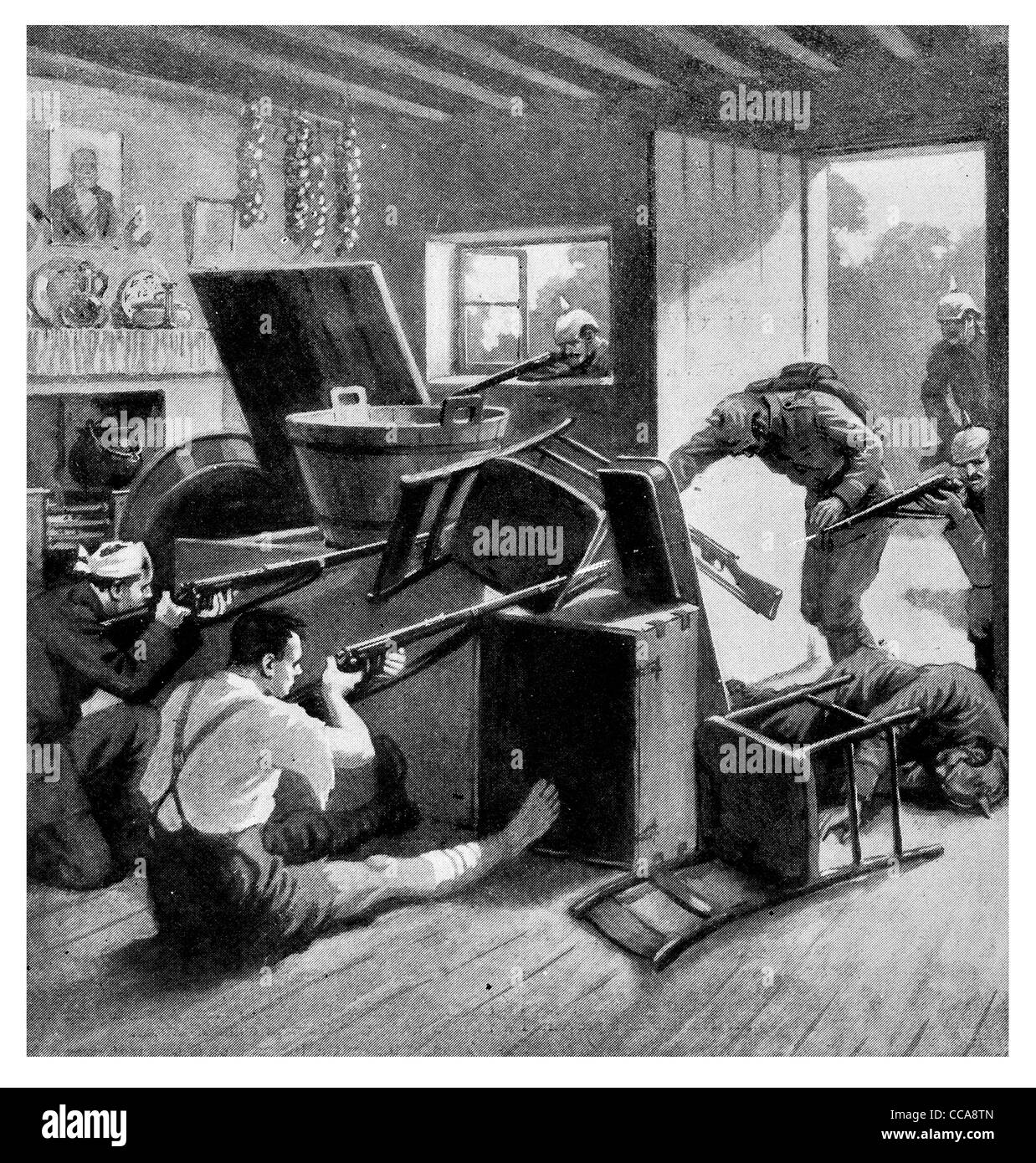 1914 deux blessés aucune extradition irlandais Irish dragoons barricade ferme la bravoure mobilier allemand courageux Hun carabine table chaise Banque D'Images