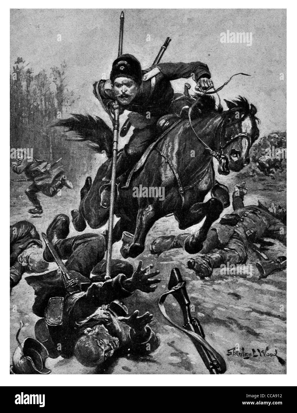 1915 Kirianoff cosaque russe facturé 11 tués par l'épée allemande lance de cavalerie sabre monté l'équitation cavalier galop de charge Banque D'Images