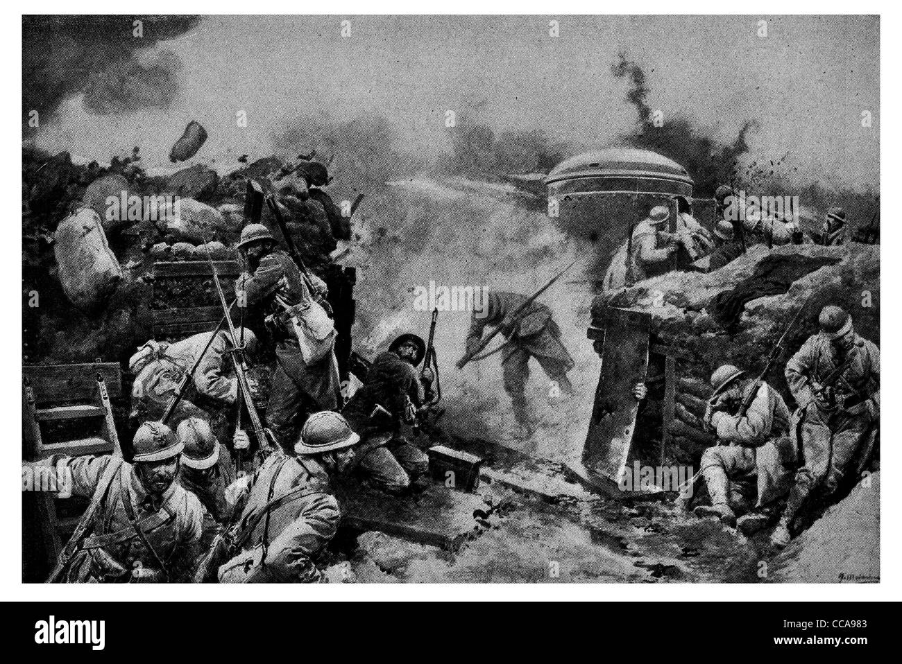 1915 tourelle blindée trench homme soldats français portant des sacs de casque d'acier sous le feu de l'artillerie allemande bombardement bombardement Banque D'Images