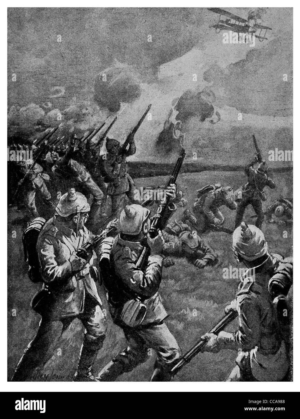 1916 de l'air britannique RAF attaque bataillon garde prussienne mitraillette fusil 300 pieds d'un avion volant tir Hun Banque D'Images
