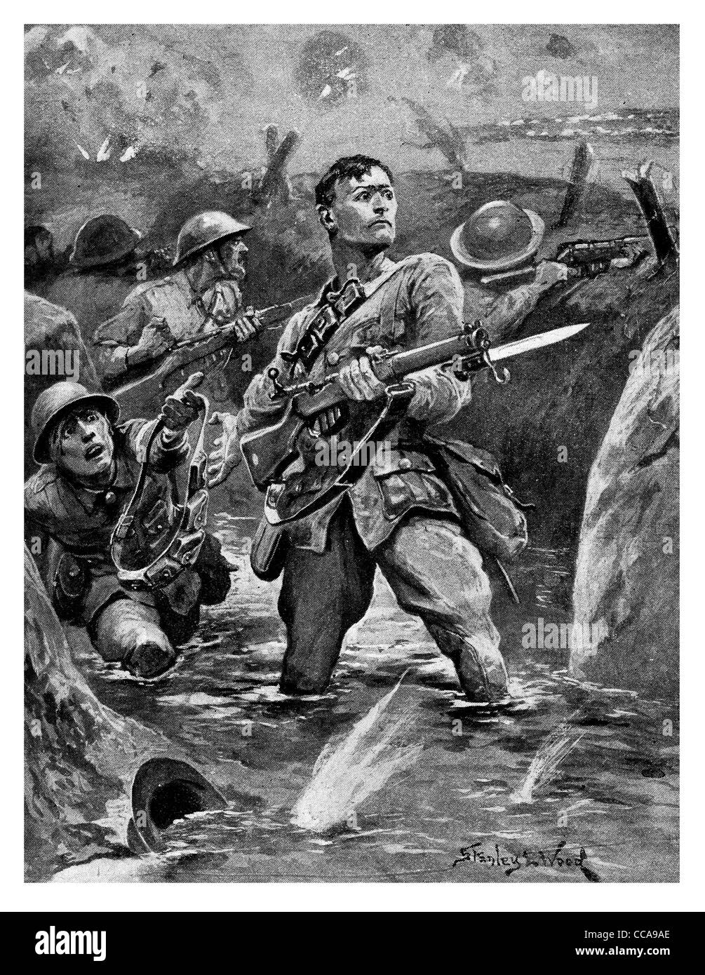 1916 vaillance Anzac tranchée inondée Fromelles France terreur enfer rifle bayonet barbelés front line ceinture de balles brave bravoure Banque D'Images