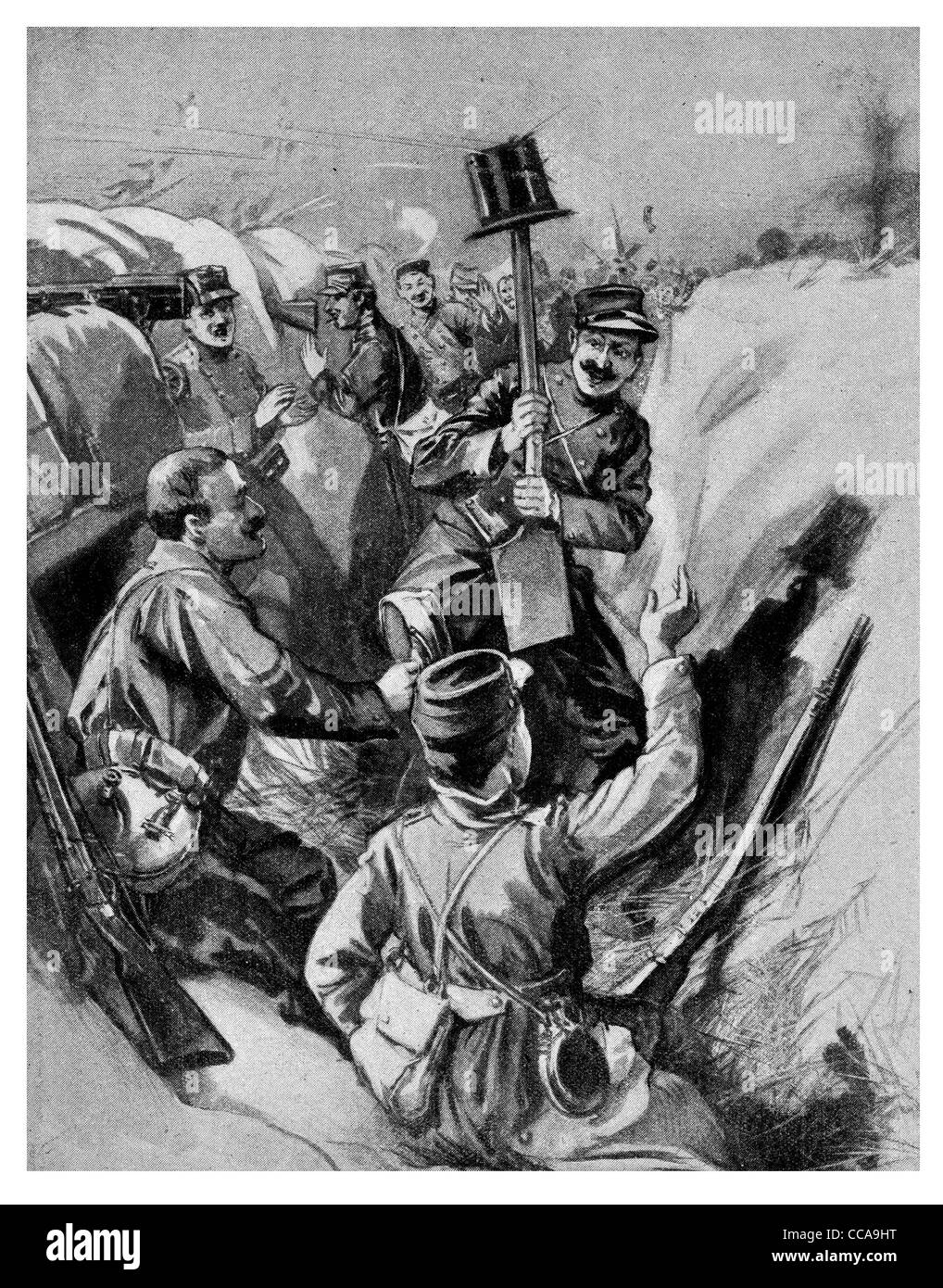 1914 Blague fun funny tranchée française haut hat attirer le feu de Huns spade allemand carabine leurre trick gun shot trou de balle Banque D'Images