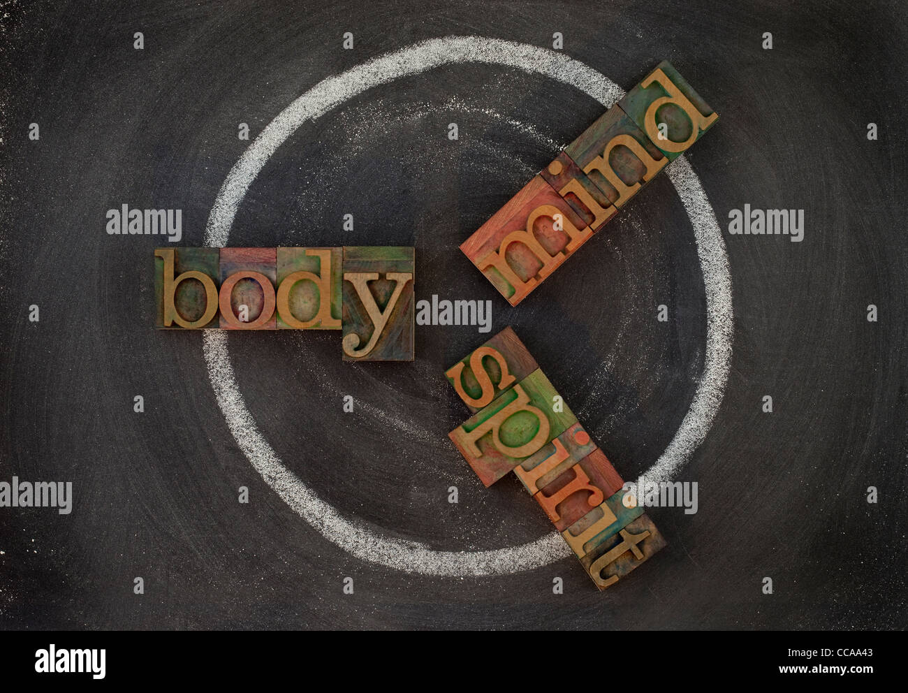 Le concept de cycle de bien-être (corps, esprit, l'esprit) - blocs en bois vintage type typogravure, dessin à la craie blanche sur tableau noir Banque D'Images