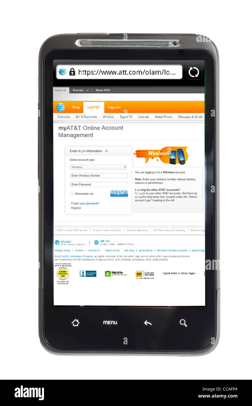 La gestion d'un compte sans fil AT&T en ligne via un smartphone Banque D'Images