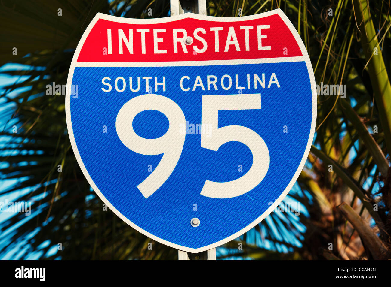 L'interstate 95 en Caroline du Sud signe vu against palm tree Banque D'Images