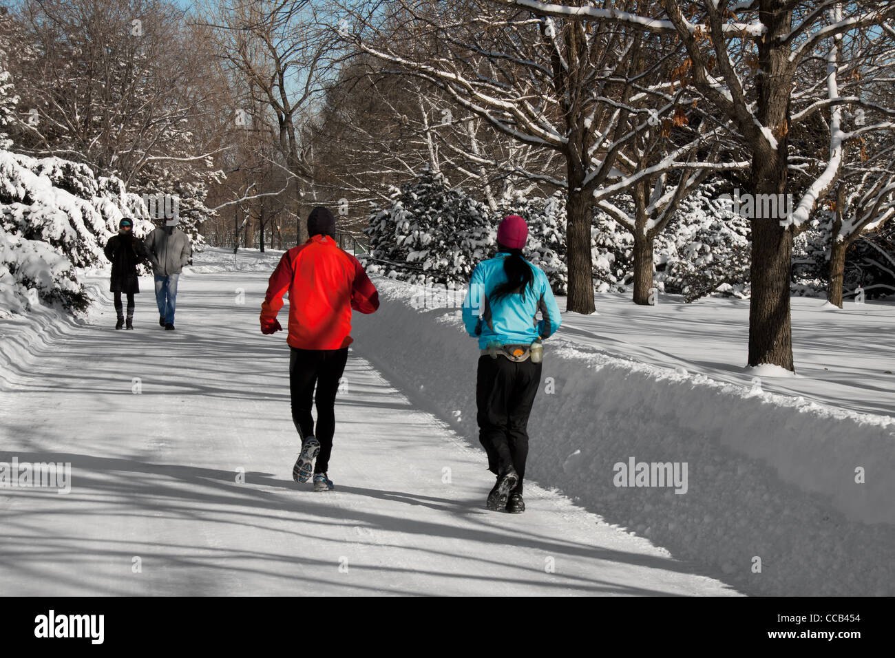 Un couple l'homme et la femme s'exécutant dans une journée sur une allée du parc plein de neige un autre couple va pour une promenade Banque D'Images