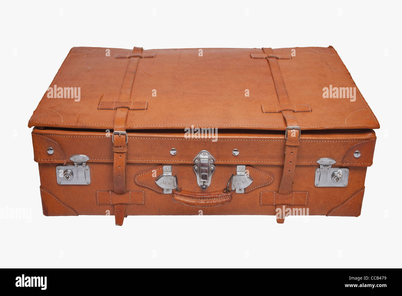 Detailansicht eines alten braunen Lederkoffers | photo de détail une vieille valise en cuir marron Banque D'Images