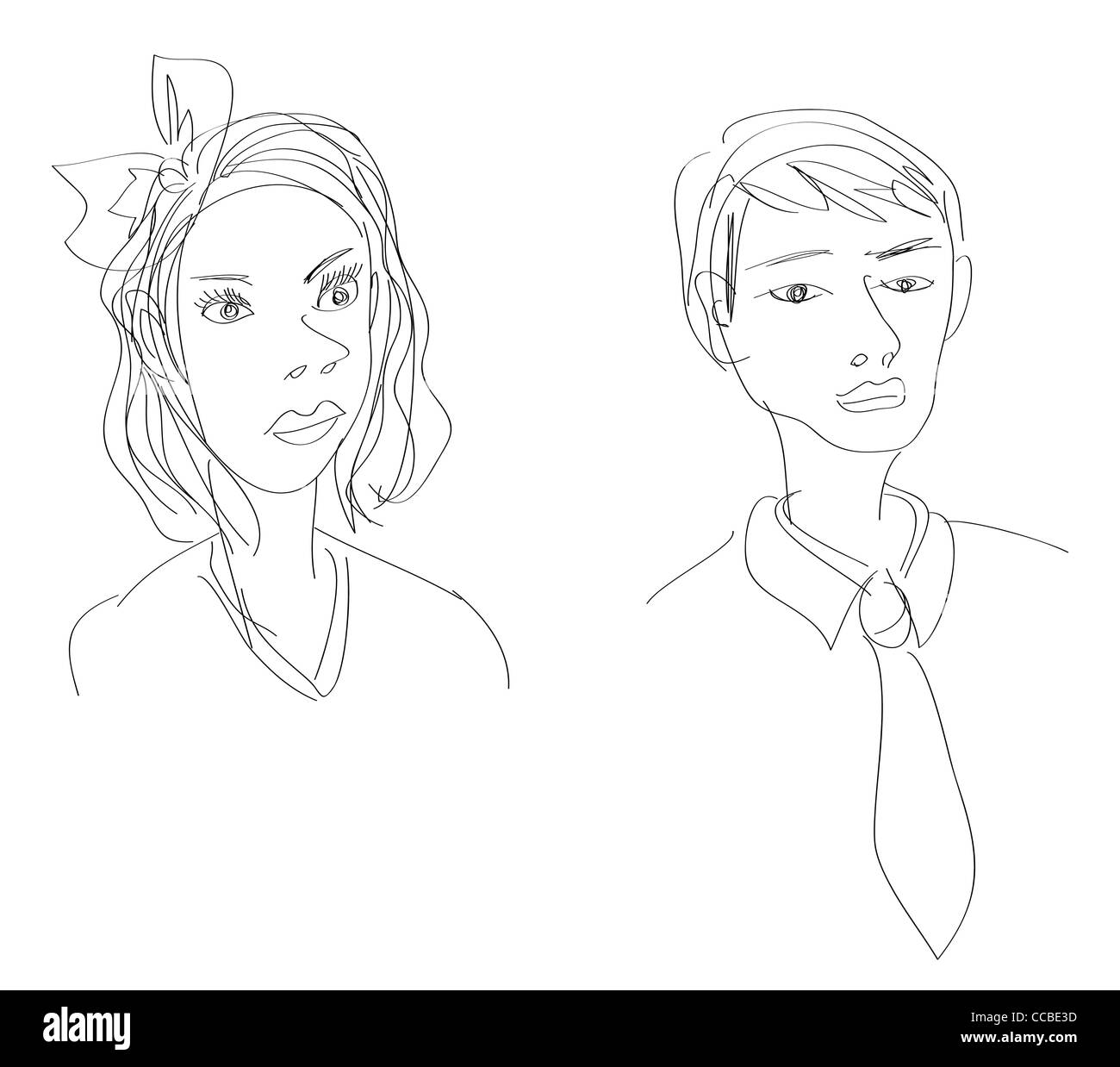 L'homme et la femme au crayon ou doodle style croquis, illustrations vectorielles Banque D'Images