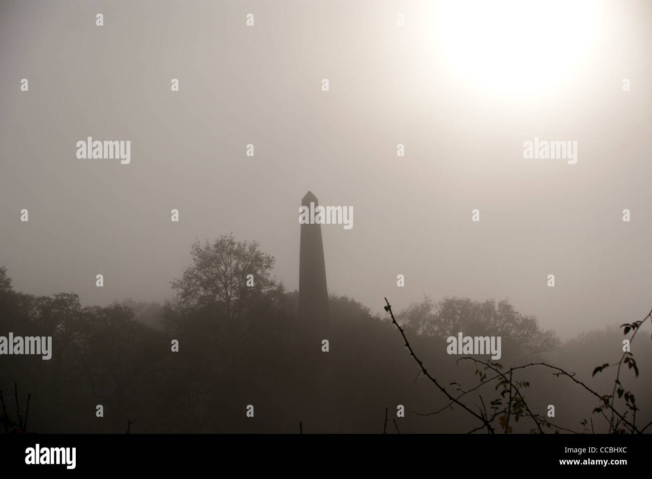 Obélisque en Trent Park, dans le brouillard, London Borough of Enfield, Middlesex, London, England Banque D'Images
